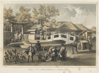 Bro af huggede sten og indgang til et tempel, Simoda, 1855
