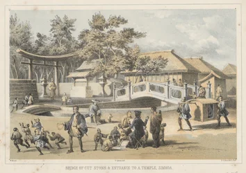 Bro af huggede sten og indgang til et tempel, Simoda, 1855