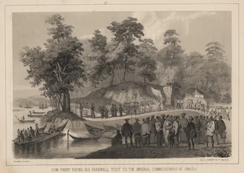 Com. Perry på afskedsbesøg hos de kejserlige kommissærer i Simoda, 1855