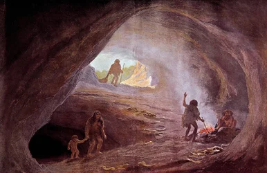 Forhistorie: huler under istiden. Fra et maleri af W. Kranz, det 20. århundrede