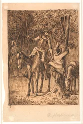 Før kampen med spejlridderen hjælper Don Quixote Sancho Pansa op i et træ
