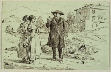 Italiensk scene med to kvinder og en pater