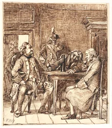 Scene af Barselsstuen. Corfitz drikker rhinskvin med officeren og Jens Olsen