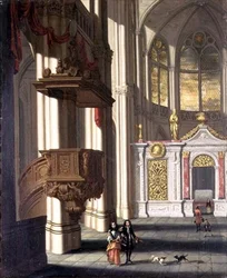 Kirkeinteriør med elegante figurer (olie på panel)