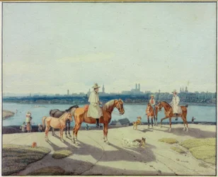 Ryttere på bredden af ​​Isar foran München