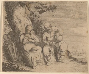Bondepar sidder under et træ, ca. 16301660.