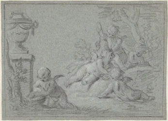 Putti i et landskab med en vase