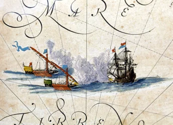 Kamp mellem to kabysser og en karak. Atlas af Willem Janszoon Blaeu (1571 - 1638)