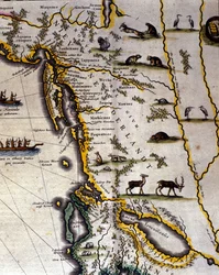 Geografisk kort over det hollandske atlas fra det 17. århundrede af Wilhelm Blaeu (1571-1638), der viser amerikanske og canadiske territorier pelsdyrsfolk. Norden ligger under efter middelalderskikken.