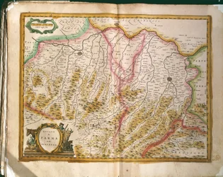 Kort over hertugdømmet Parma, gravering fra Regionum Italiae af Willem Blaeu, trykt i Italien