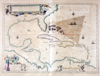 Det Caribiske Hav: Du kan se Bermuda-trekanten mellem Bermuda-øgruppen, Miami og Puerto Rico. Ifølge Wilhelm Blaeus Atlas