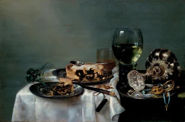 Morgenbord med brombærtærte, maleri af Willem Claesz Heda (1594-1680), 1631, mål 54 x 82 cm, Dresdens statslige kunstsamlinger, Dresden