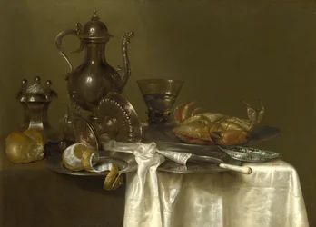 Stilleben: Tin, sølvkar og en krabbe, ca 1636