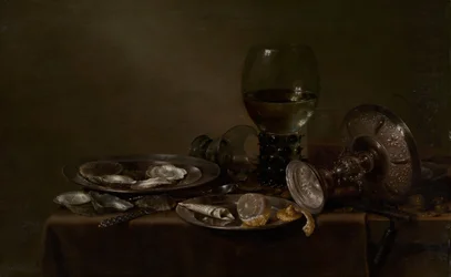 Stilleben med østers, en sølv Tazza og glasvarer, 1635.