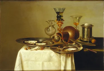 Stilleben med rømmer på forgyldt stativ, stentøj og østers, 1637.