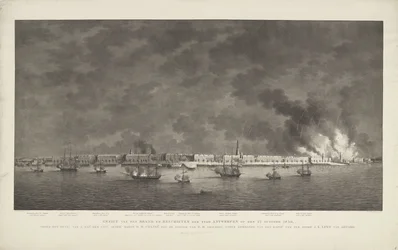 Udsigt over Brandet og Skydningen af ​​Byen Antwerpen den 27. oktober 1830 under kommando af Z. Exc.e Luit.t Gener.l Baron D.H. chassis; med stillingen som Z.M.-eskadrille under kommando af havkaptajnen, Jonkh.r J.E. Lewe van Aduard (titel på obj