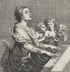 Sankt Cecilia spiller orgel med to putti til højre, ca. 1631.