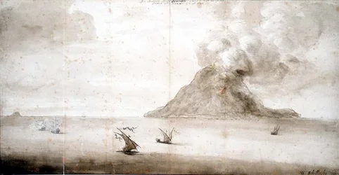 PD.703-1963 Udsigt over Stromboli, ca.1661-5 (kridt, pen og blæk, vask)