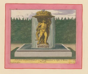 Fontæne med en skulptur af tre dansende putti, der bærer en skål over hovedet