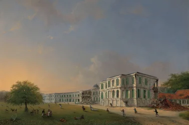 Forfra af Buitenzorg-paladset under jordskælvet den 10. oktober 1834 Forfra af Buitenzorg-paladset efter jordskælvet den 10. oktober 1834