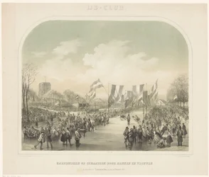 skøjteløbskonkurrence Isklub / Speedskating af mænd og kvinder afholdt i Leeuwarden den 22. februar 1855 (titel på objekt)