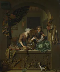 En kvinde og en fiskekræmmer i et køkken, 1713