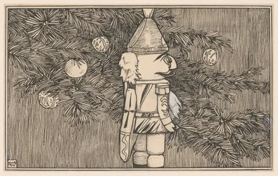 Nøddeknækker i husarkappe ved et juletræ