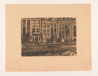 Udsigt over Oude Waal i Amsterdam Oude Waal med Veltkamp-søstrenes vaskeanlæg (original titel)