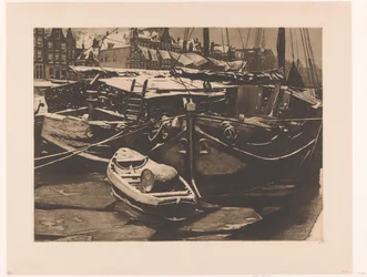 Udsigt over fortøjede skibe i Oudeschans i Amsterdam - Tørveskibe i Oude Schans (originaltitel)