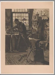 Smed på arbejde på en skruestik ved vinduet Landsbysmed foran vinduet (Bram) (original titel)