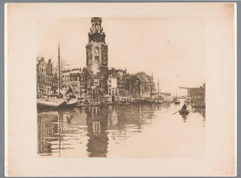 Udsigt over Montelbaanstoren i Amsterdam Gamle Schans med Montelbaanstoren og robåd (original titel)