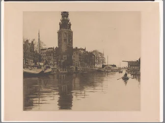 Udsigt over Montelbaanstoren i Amsterdam Gamle Schans med Montelbaanstoren og robåd (original titel)