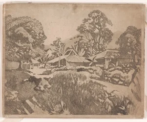 Huse i kampong med vulkanerne Salak og Gedeh i baggrunden, Buitenzorg