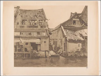 To figurer ved huse langs en flod i Batavia