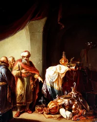 Croesus viser sine rigdomme til Solon (olie på panel)