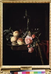 ""Stilleben af ​​roser og ferskner"" (Roser og ferskner) Maleri af Willem van Aelst (1625-cirka 1683) 1659 Pushkin Museum, Moskva