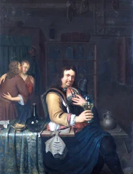 Interiør med en Cavalier Drinking and a Couple Embracing, ca. 1690-1700 (olie på egetræspanel)