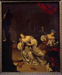 Kvinderne fra den hollandske adel tager teen. Maleri af Willem van Mieris (1662-1747) (ec.holl.) 1700-tallet søn. 0,42x0,34 m