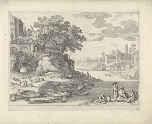 Havn med robåde, figurer og husdyr