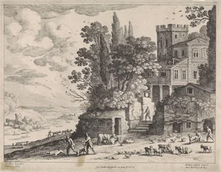 Landskab med hus, figurer og kvæg