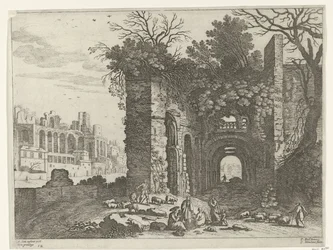 Hvilende familie foran en ruin Italienske landskaber (serietitel)