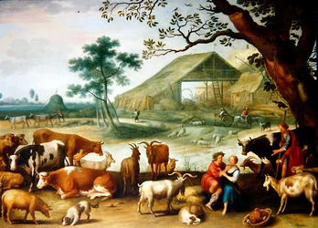 Et Bondepar med et Kvæg ved en Gaard