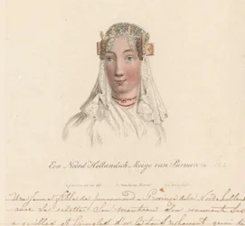 Hovedbeklædning af en pige fra Purmerend, 1816 En nordhollandsk pige fra Purmerend / Une Jeune fille de purmerend - Province dela Nord-Hollande avec sa calotte son manteau son ornament ses aiguilles et epingles d