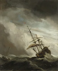 Et skib på åbent hav fanget i en vindbyge, kendt som Vindstødet, 1680