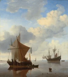En ro - en smalschip og en kaag for anker med en engelsk man-o"-krig hinsides