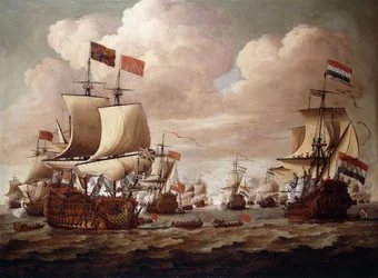 De engelske og hollandske flåder udveksler salutskud på havet med »Prince« og »Gouden Leeuw« i forgrunden, 1684