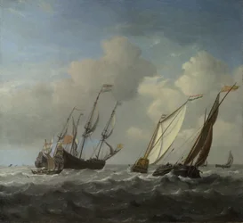 Et hollandsk skib, en yacht og mindre fartøjer i en brise, ca. 1660