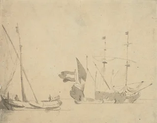 En boeier ved en mole og et hollandsk skib for anker, ca. 1665 (gråvask)