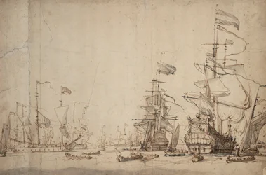 Et krigsråd i den hollandske flåde Maj 1665, ca. 1674 (pen, brunt blæk, grå lavering)