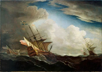 Engelske skibe til søs, der slår mod vinden i kuling, ca. 1690 (olie på lærred)
